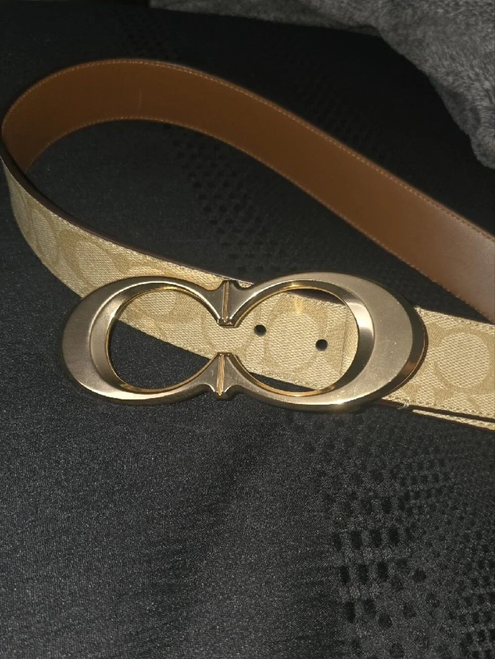 Coach Women's Signature Canvas Belt in Beige with Gold Buckle and Tan Trim